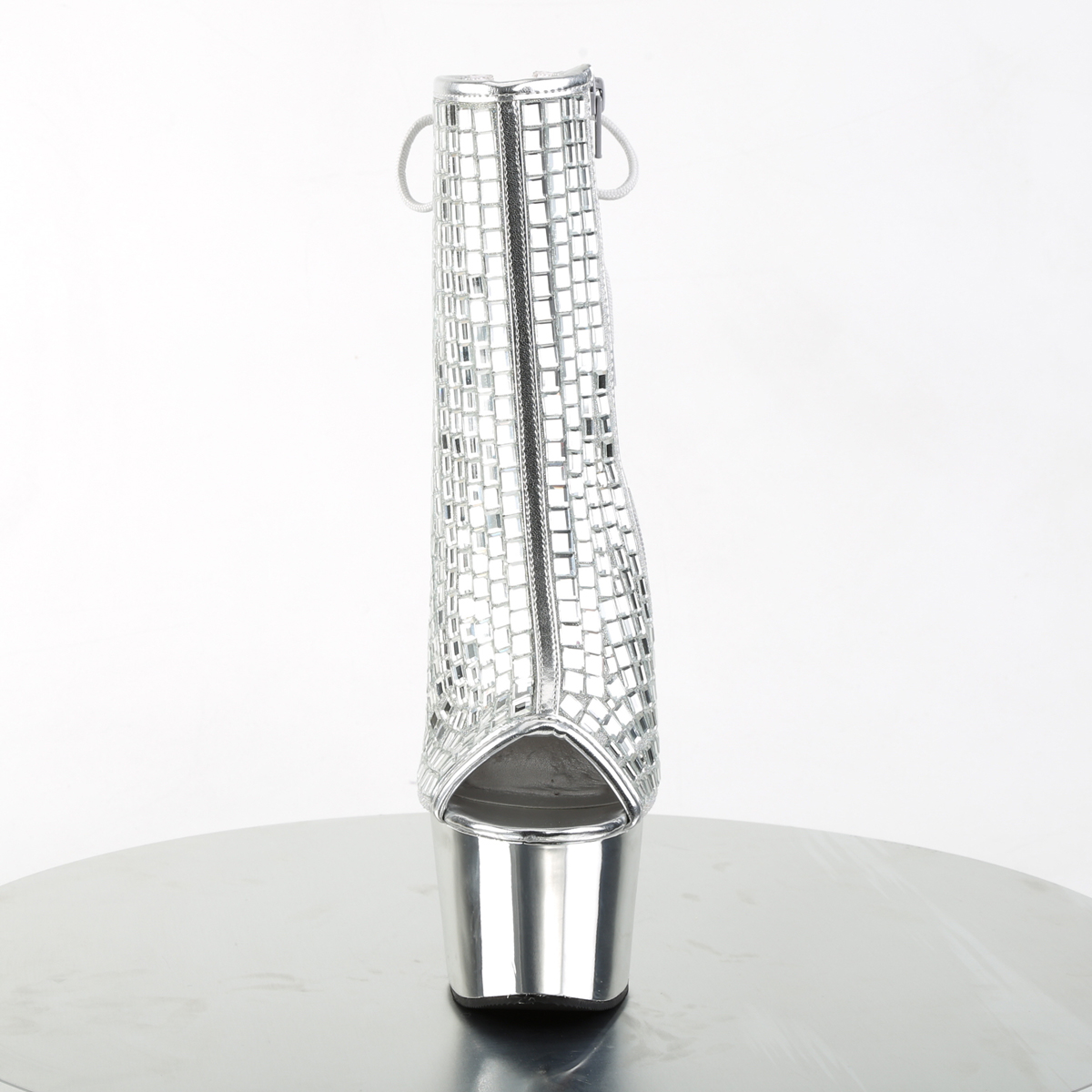 Pleaser Adore-1018DBM S/SCH - Stříbrné kozačky s otevřenou špičkou na vysoké platformě