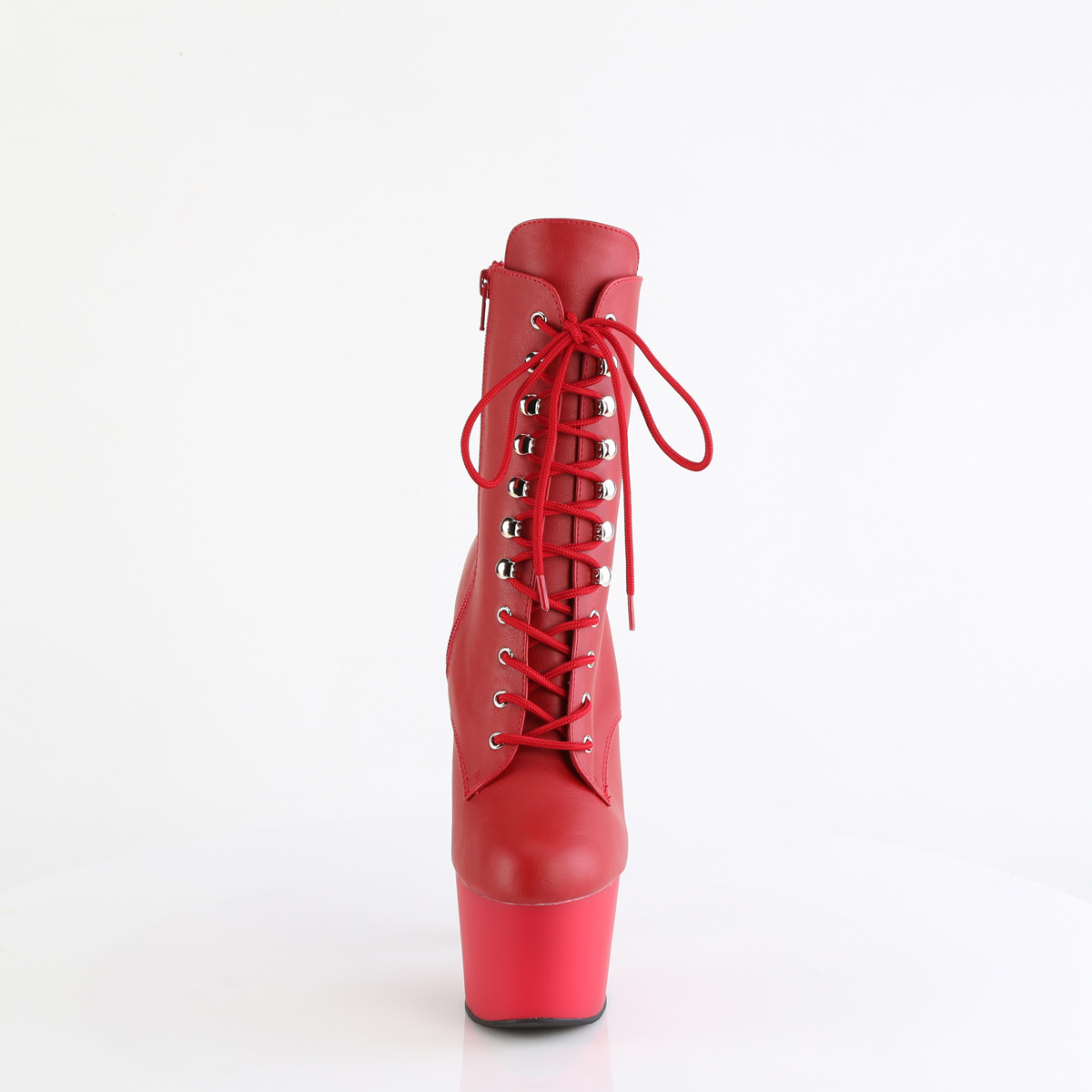 Pleaser Adore-1020 RPU/M - Červené kotníkové kozačky na vysoké platformě