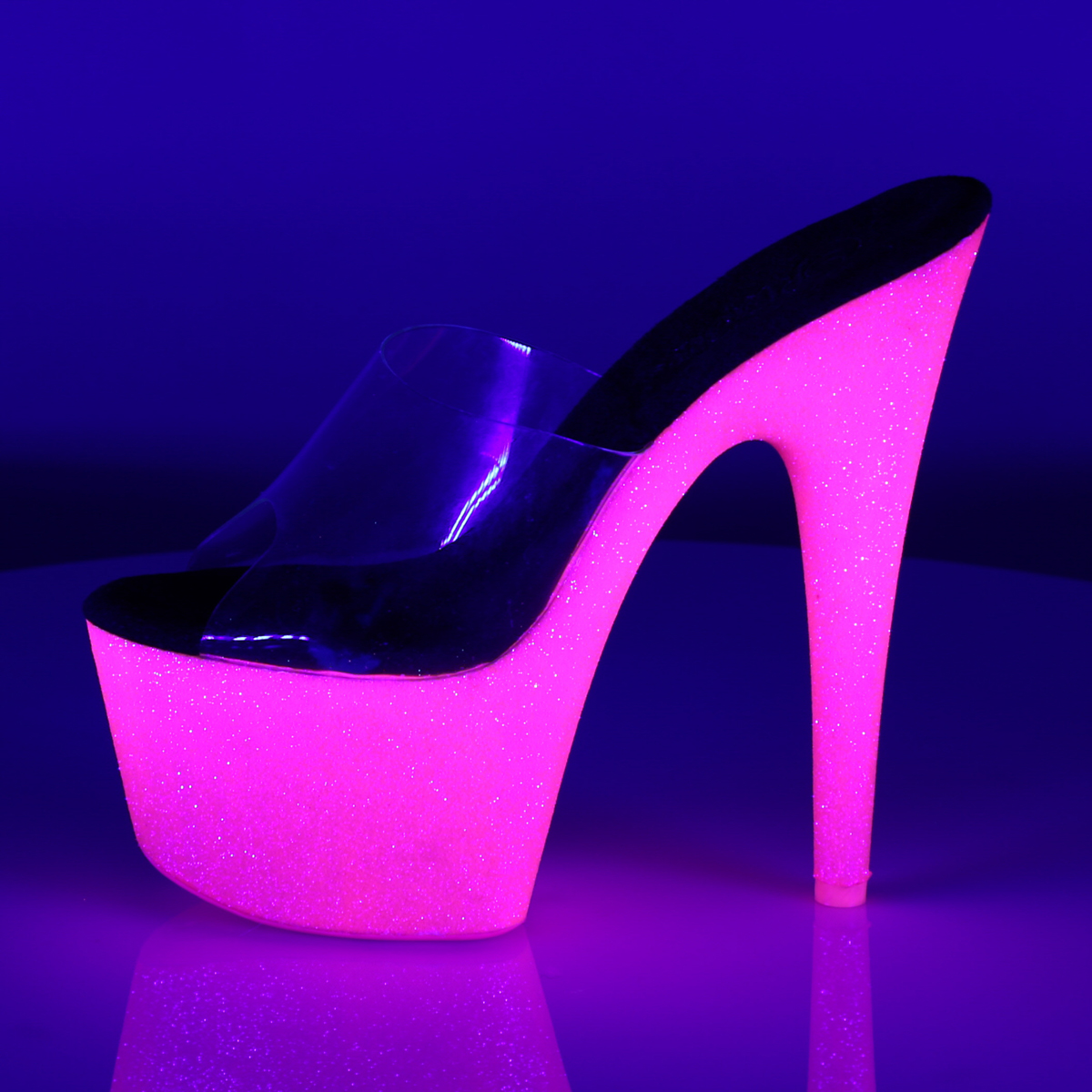 Pleaser Adore-701UVG C/NHPG - Průhledné uv reaktivní sandály na vysoké platformě