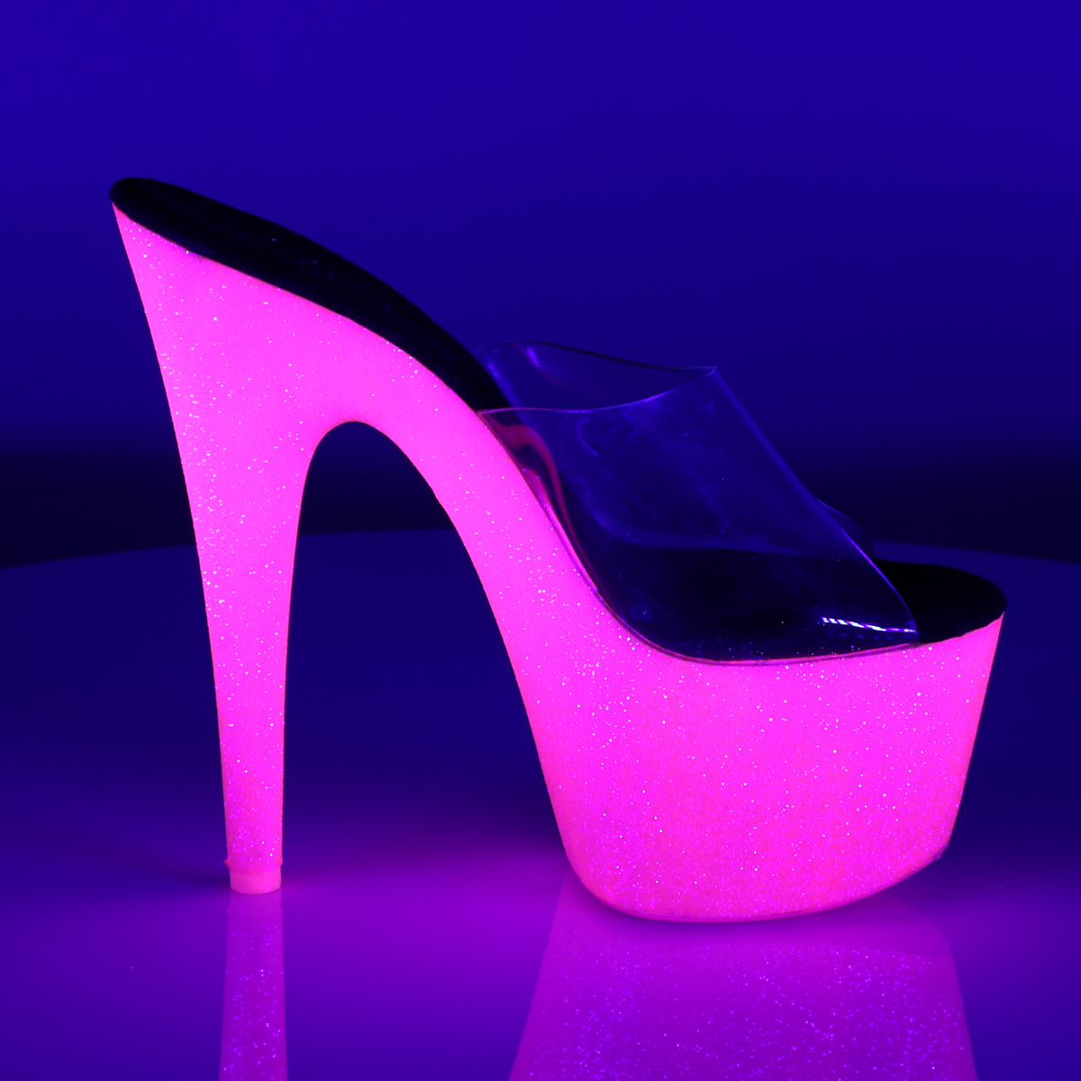 Pleaser Adore-701UVG C/NHPG - Průhledné uv reaktivní sandály na vysoké platformě