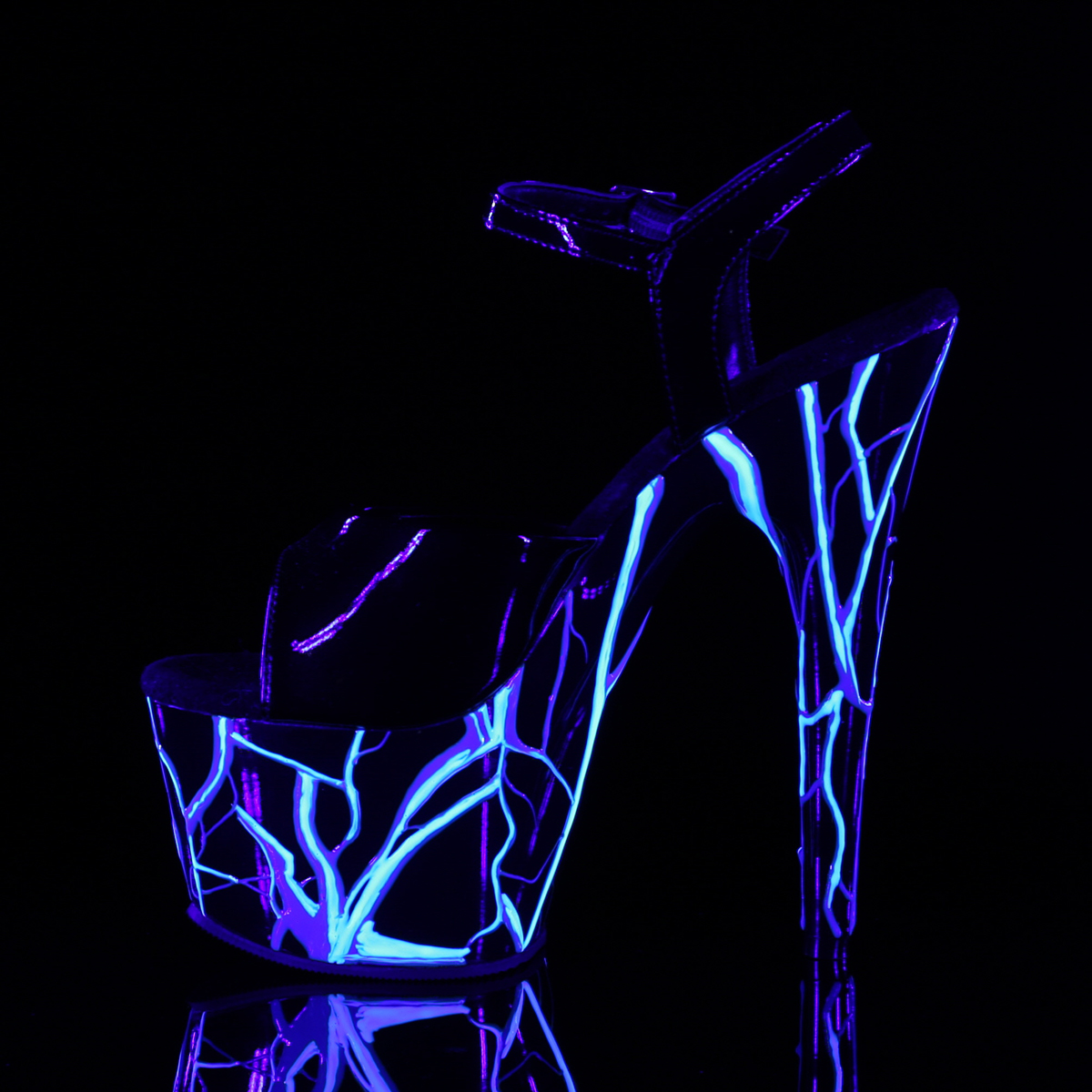 Pleaser Adore-709NLB B/B-NBL - Lesklé černé svítící sandály na vysoké platformě