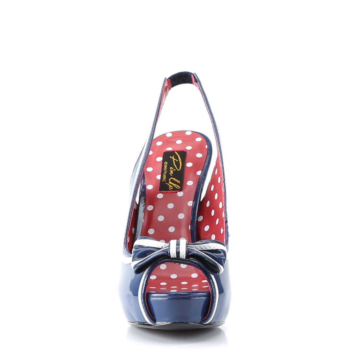 Pin Up Couture Bettie-05 NBPT - Lesklé modré lodičky s otevřenou špičkou a volnou patou