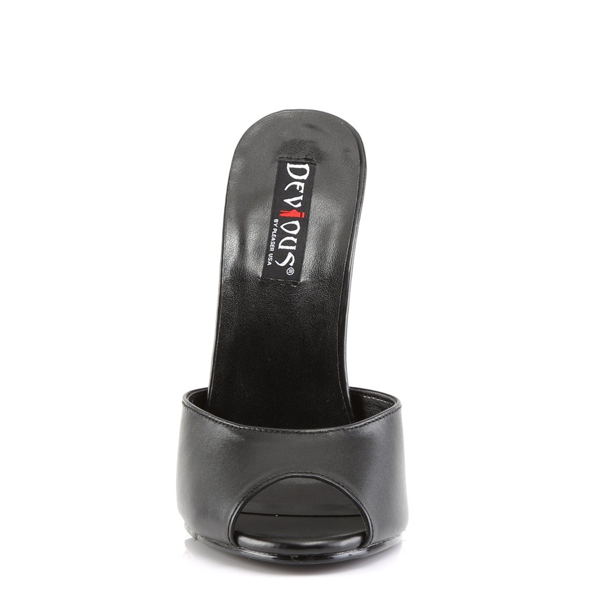 Devious Domina-101 B/LE - Černé kožené pantofle na vysokém podpatku