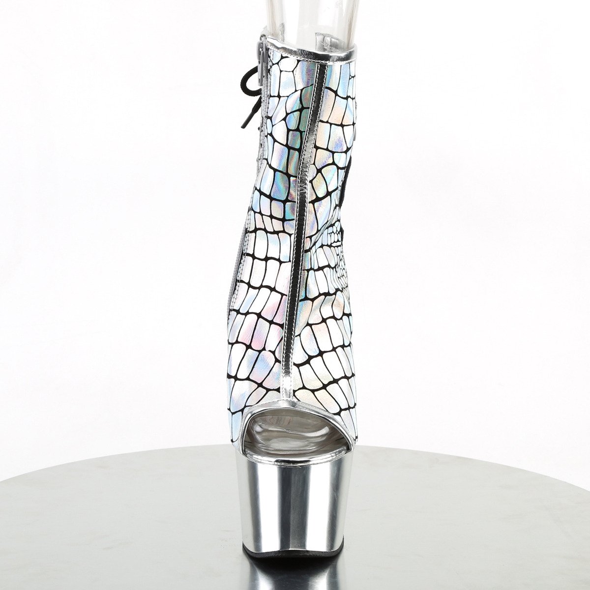 Pleaser Adore-1018HG SPU/SCH - Stříbrné kozačky s otevřenou špičkou na vysoké platformě