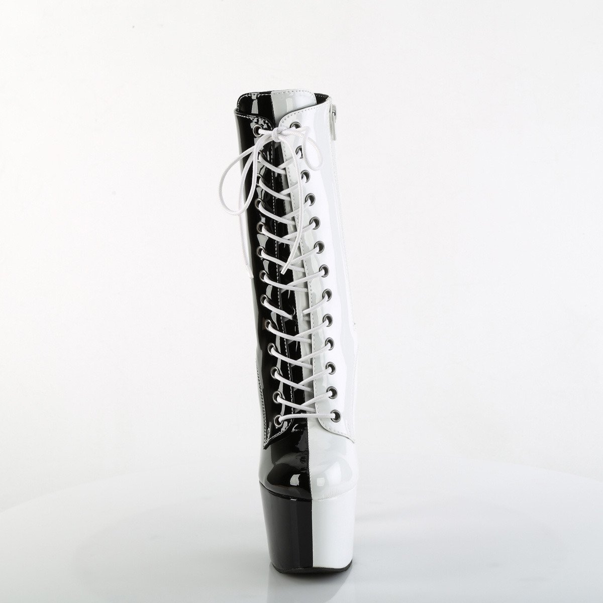 Pleaser Adore-1040TT B-W/M - Lesklé černé kotníkové kozačky na vysoké platformě