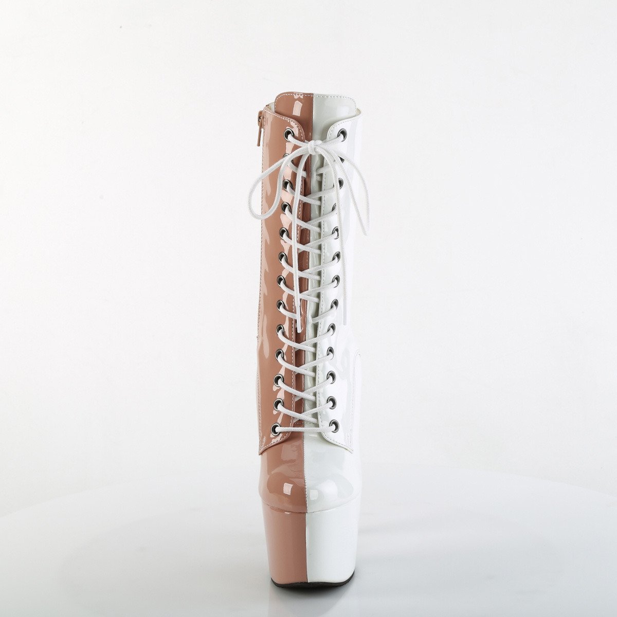 Pleaser Adore-1040TT BH-W/M - Lesklé béžové kotníkové kozačky na vysoké platformě