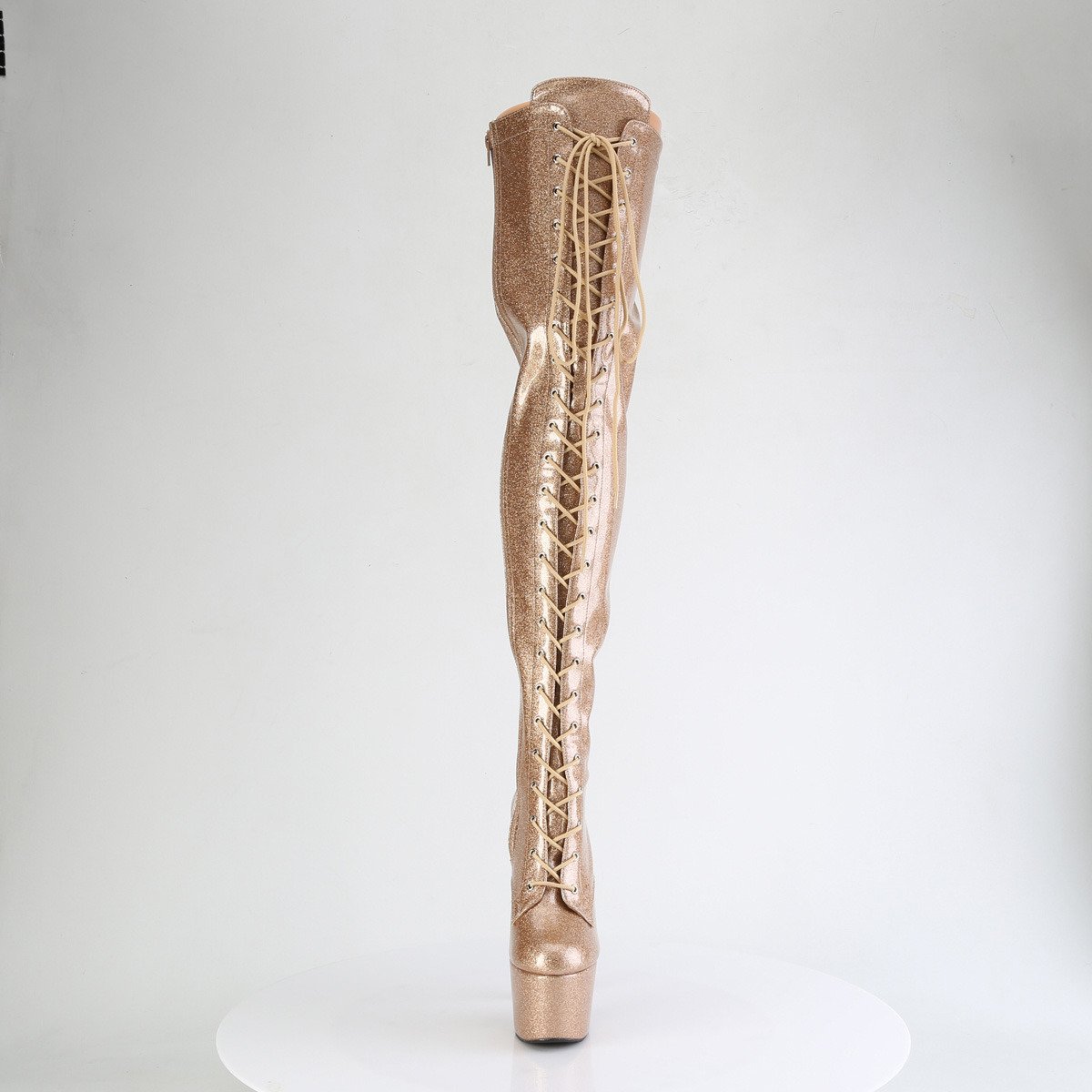 Pleaser Adore-3020GP GG/M - Lesklé zlaté kozačky nad kolena na vysoké platformě