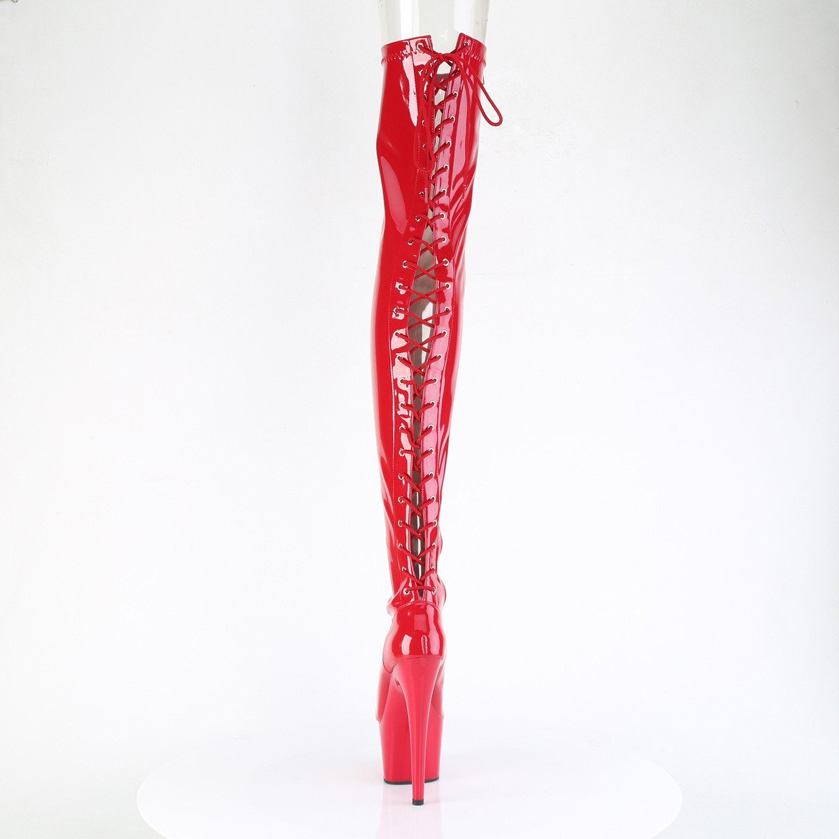 Pleaser Adore-3850 R/M - Lesklé červené kozačky nad kolena na vysoké platformě