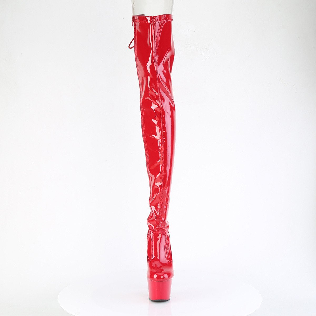 Pleaser Adore-3850 R/M - Lesklé červené kozačky nad kolena na vysoké platformě