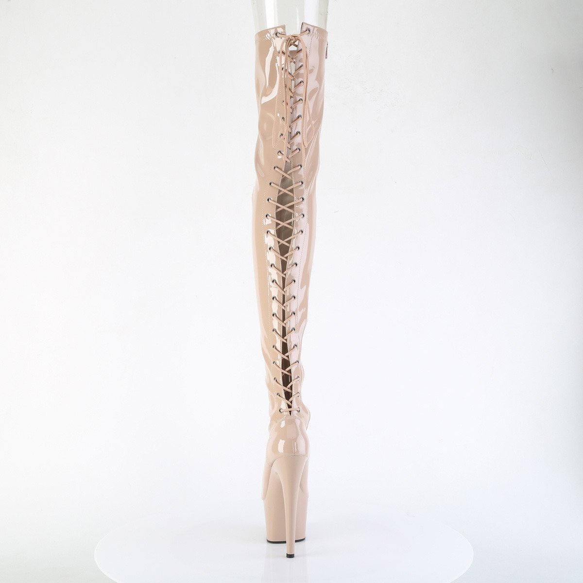Pleaser Adore-3850 ND/M - Lesklé béžové kozačky nad kolena na vysoké platformě