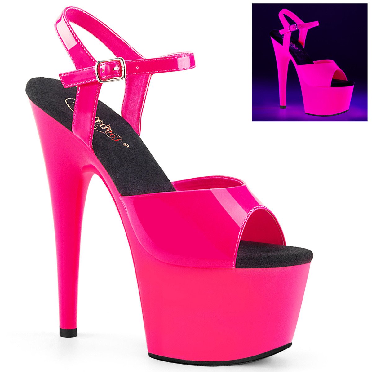 Pleaser Adore-709UV NHP/M - Lesklé růžové uv reaktivní sandály na vysoké platformě