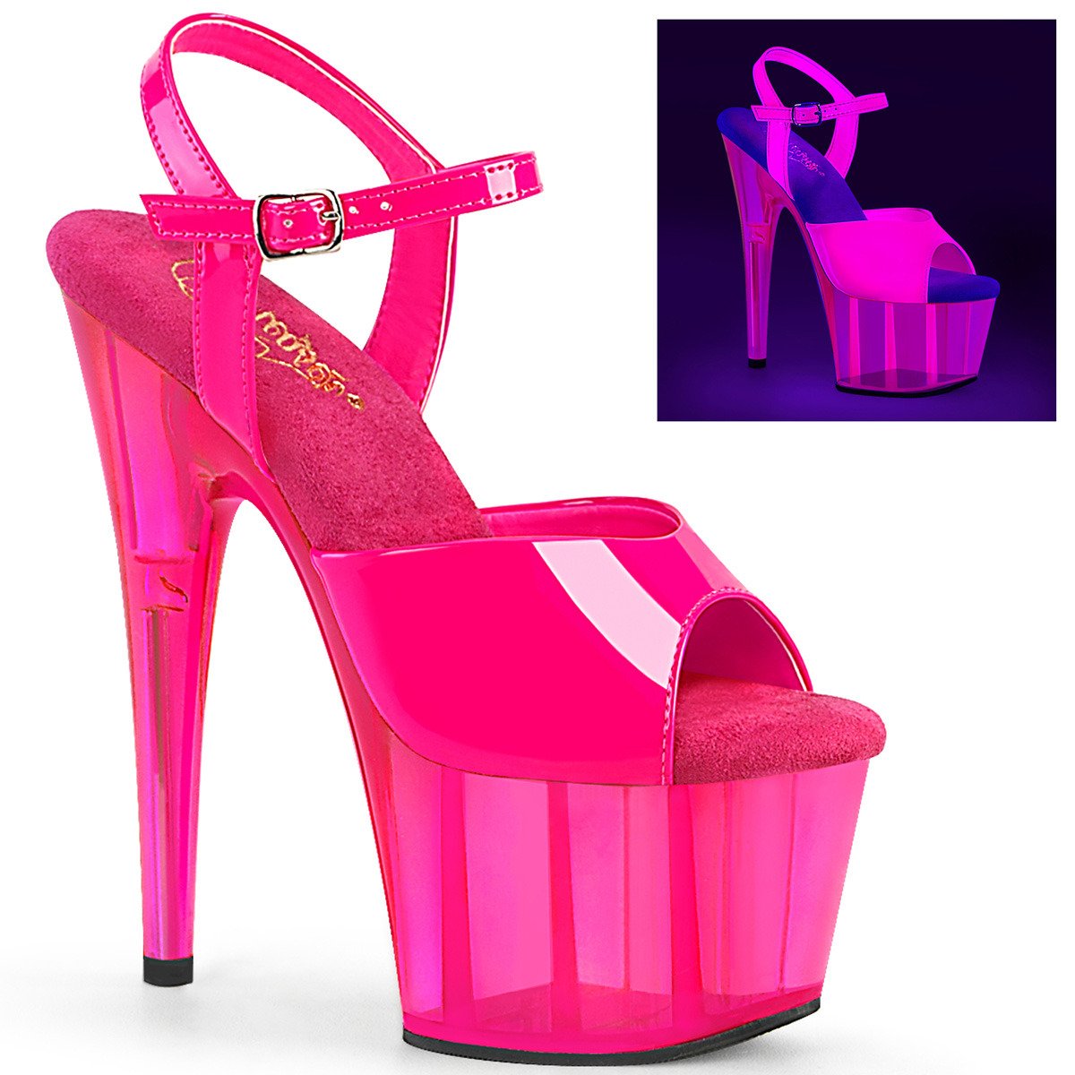 Pleaser Adore-709UVT NHP/M - Lesklé růžové uv reaktivní sandály na vysoké platformě