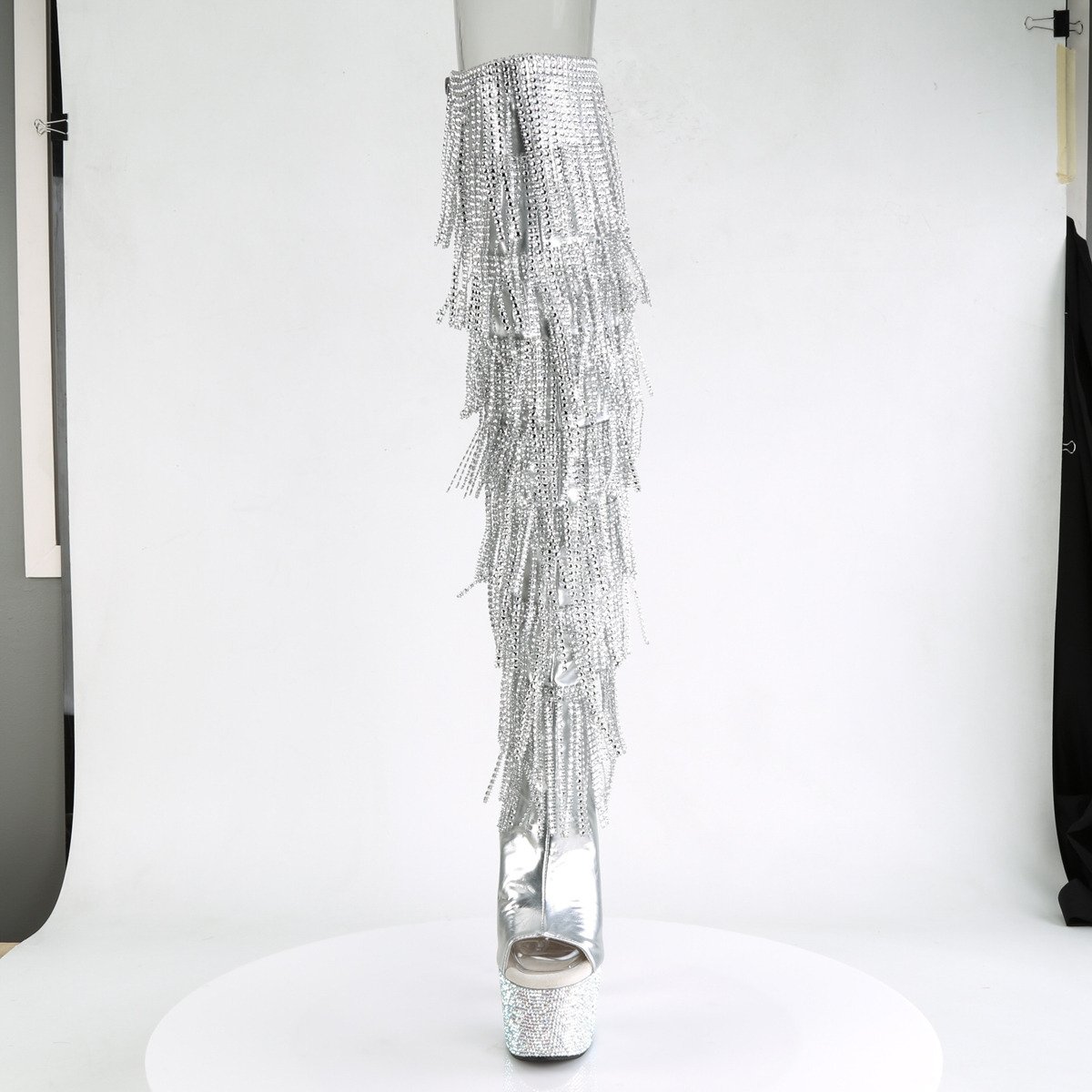 Pleaser Bejeweled-3019RSF-7 SMPU/M - Stříbrné kozačky s otevřenou špičkou na vysoké platformě