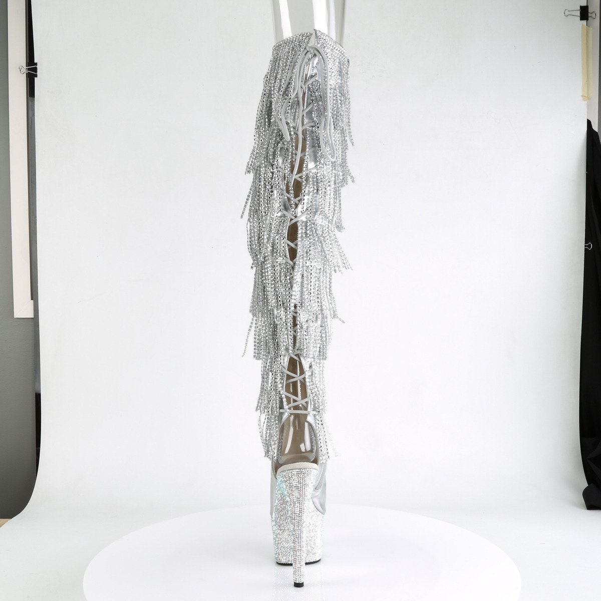 Pleaser Bejeweled-3019RSF-7 SMPU/M - Stříbrné kozačky s otevřenou špičkou na vysoké platformě