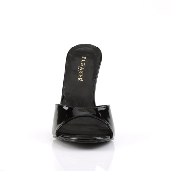 Pleaser Classique-01 B - Klasické černé lakované nazouvací pantofle s otevřenou špičkou na jehlovém podpatku – čistý, nadčasový model kolekce Classique od Pleaser bez platformy, který se nosí doma, na slavnostních příležitostech i při svádění. Jehlový podpatek s patkou ve tvaru podkovy, výška 10 cm, bez platformy. Nazouvací střih s páskem přes nárt, otevřená špička pro vzdušný look. Svršek z lakovaného materiálu (patent), stélka a podšívka semi-PU, podrážka guma.