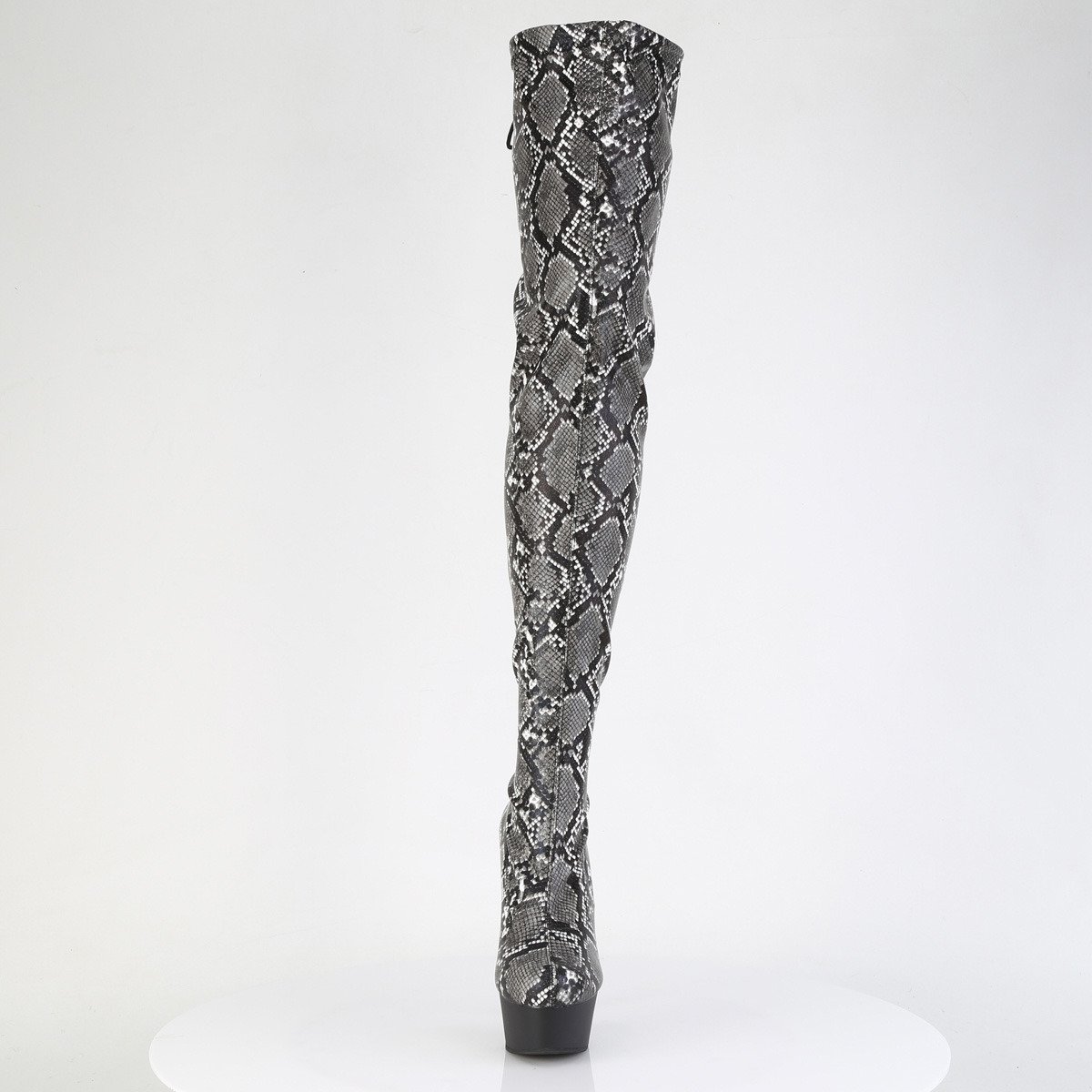 Pleaser Delight-3008SP-BT GY-B/B - Šedé kozačky nad kolena na platformě s vysokými podpatky