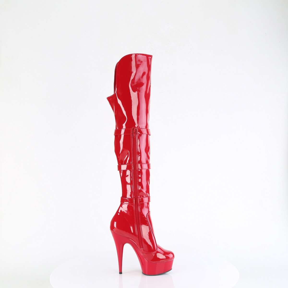 Pleaser Delight-3018 R/M - Lesklé červené kozačky nad kolena na platformě s vysokými podpatky