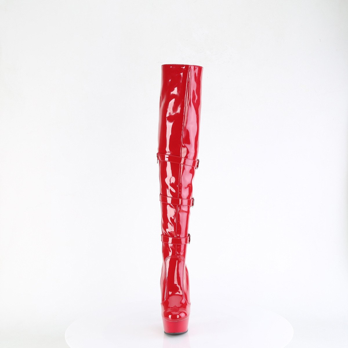 Pleaser Delight-3018 R/M - Lesklé červené kozačky nad kolena na platformě s vysokými podpatky