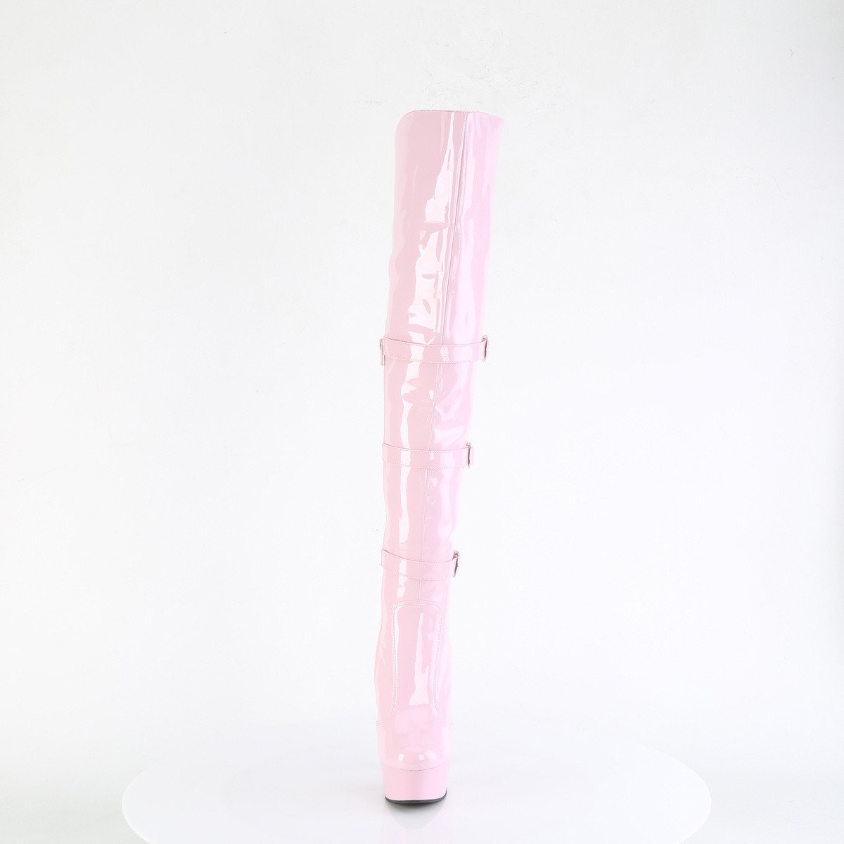 Pleaser Delight-3018 BP/M - Lesklé růžové kozačky nad kolena na platformě s vysokými podpatky