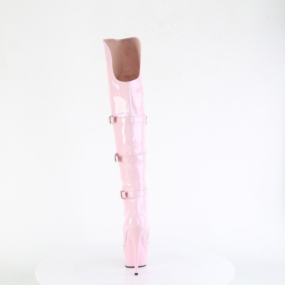 Pleaser Delight-3018 BP/M - Lesklé růžové kozačky nad kolena na platformě s vysokými podpatky