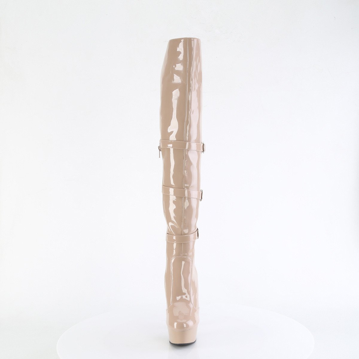 Pleaser Delight-3018 ND/M - Lesklé béžové kozačky nad kolena na platformě s vysokými podpatky