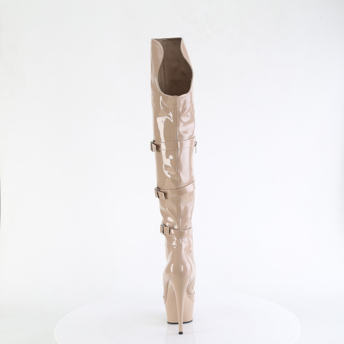 Pleaser Delight-3018 ND/M - Lesklé béžové kozačky nad kolena na platformě s vysokými podpatky