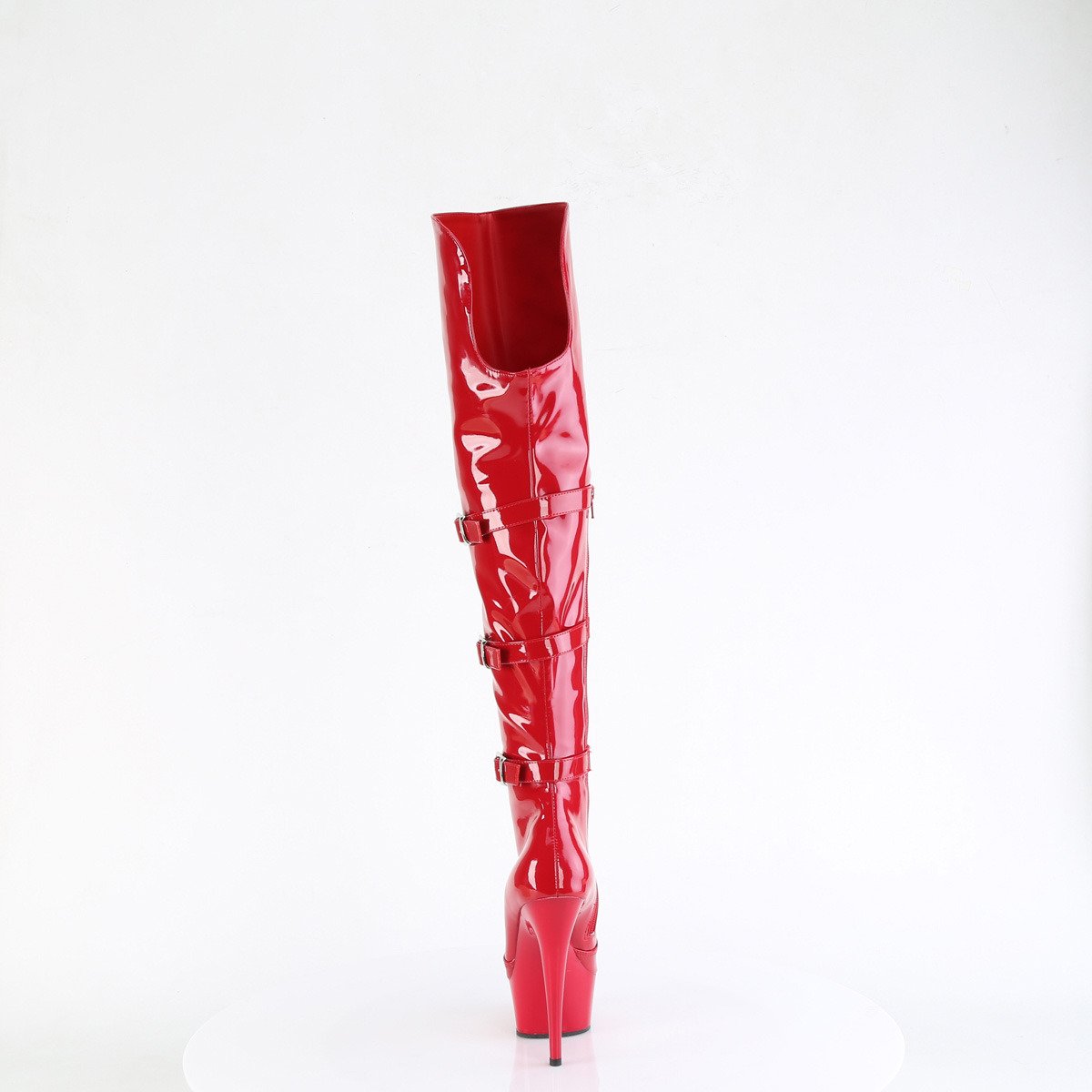 Pleaser Delight-3018 R/M - Lesklé červené kozačky nad kolena na platformě s vysokými podpatky