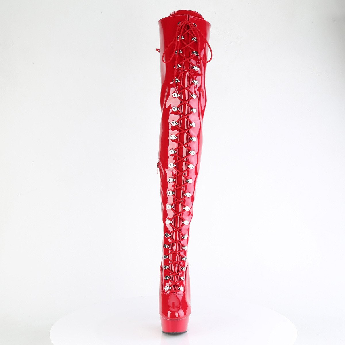 Pleaser Delight-3022 R/M - Lesklé červené kozačky nad kolena na platformě s vysokými podpatky