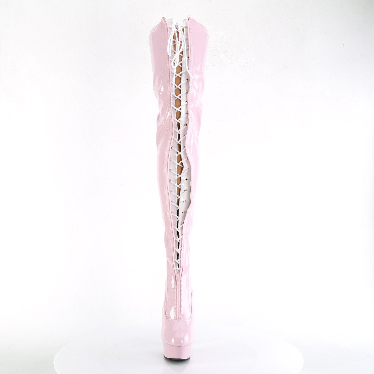 Pleaser Delight-3027 BP-W/BP - Lesklé růžové kozačky nad kolena na platformě s vysokými podpatky