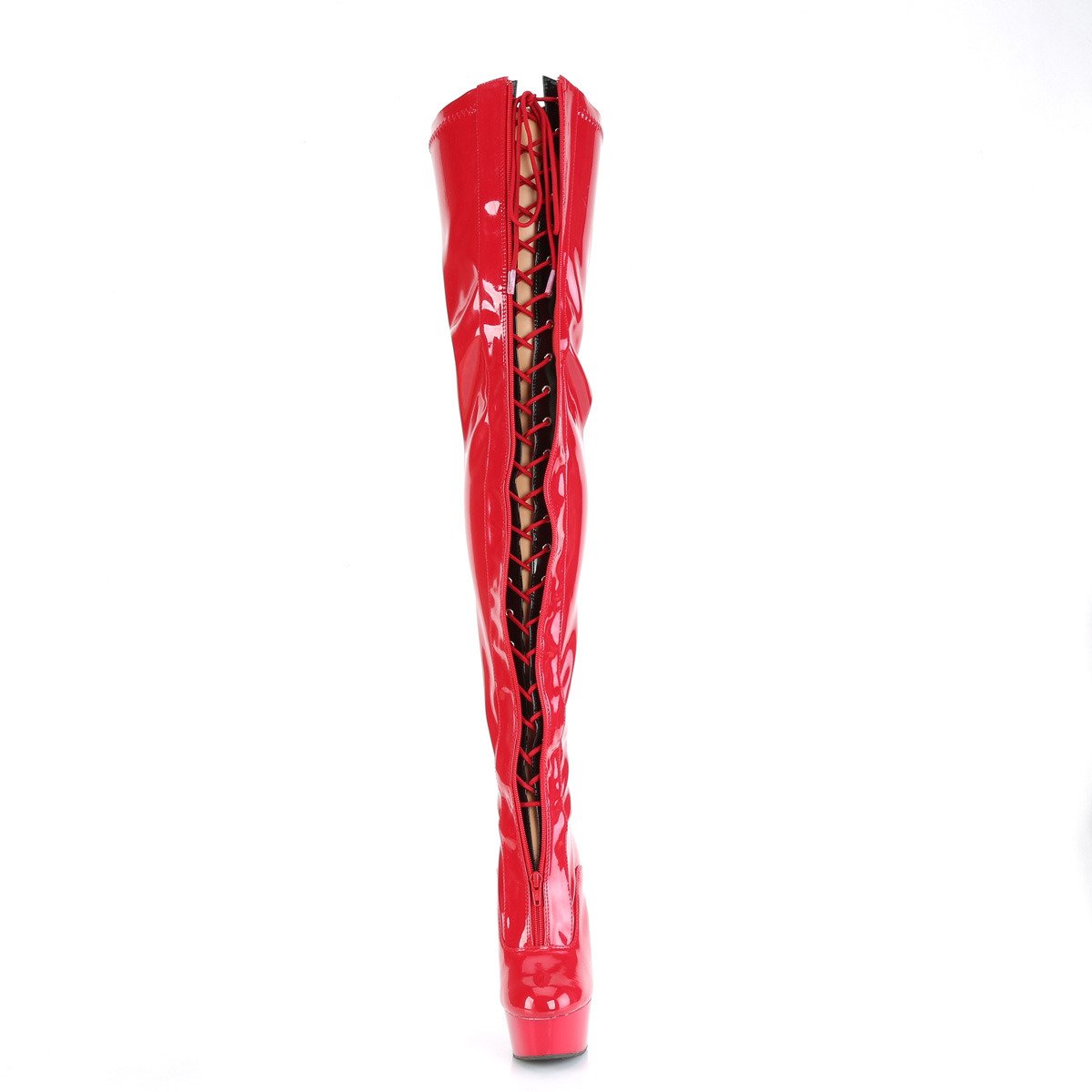Pleaser Delight-3027 R-B/R - Lesklé červené kozačky nad kolena na platformě s vysokými podpatky