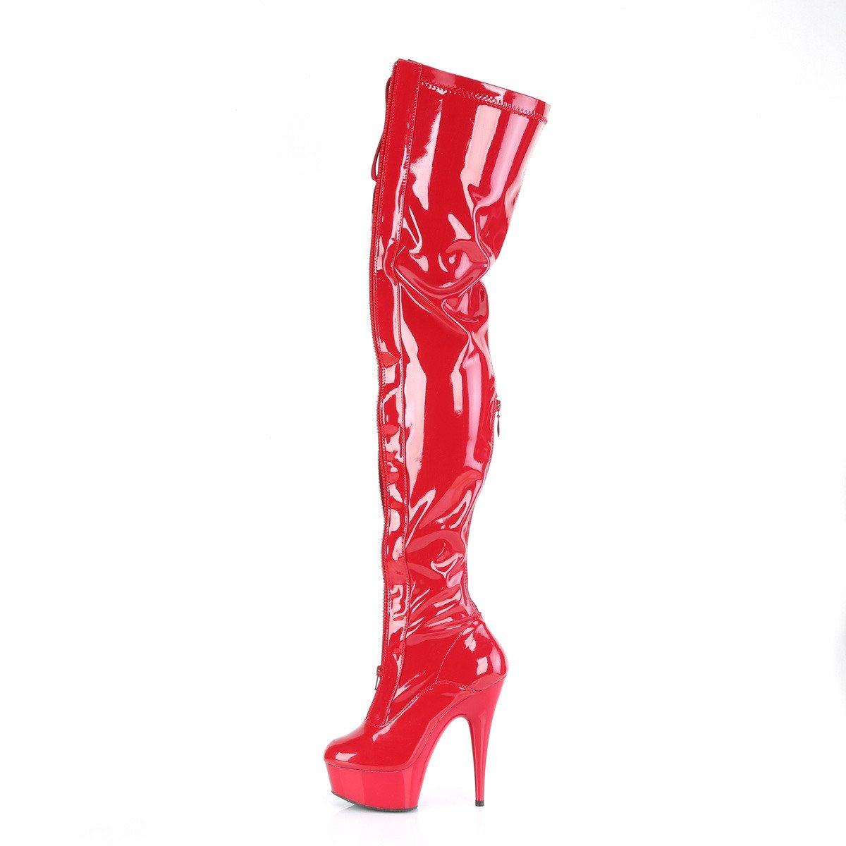 Pleaser Delight-3027 R-B/R - Lesklé červené kozačky nad kolena na platformě s vysokými podpatky