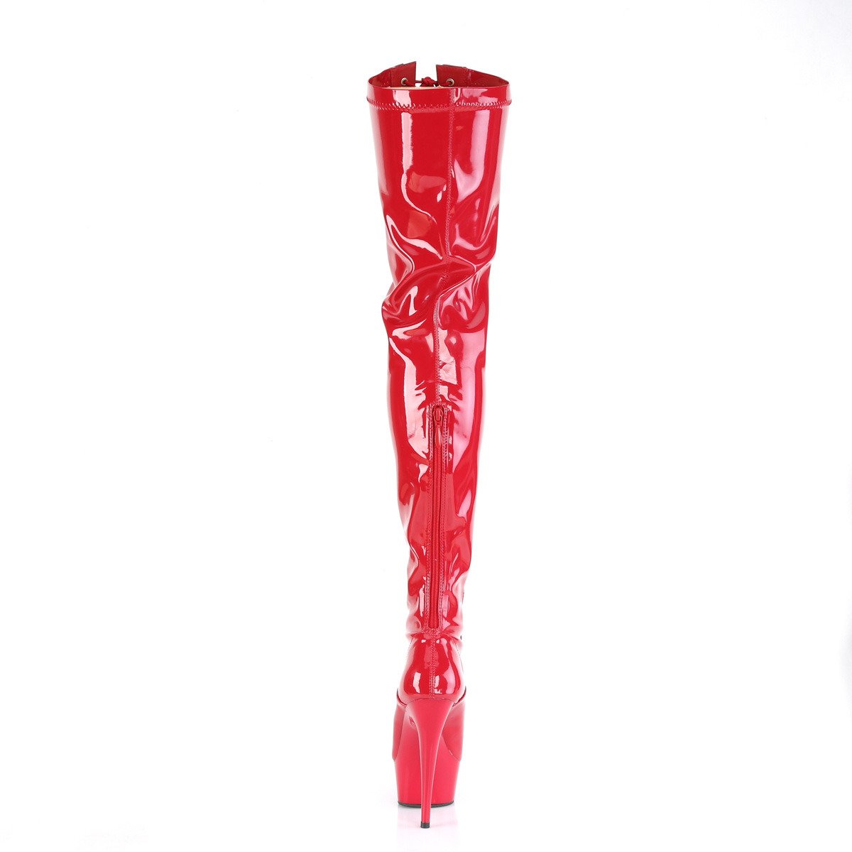 Pleaser Delight-3027 R-B/R - Lesklé červené kozačky nad kolena na platformě s vysokými podpatky