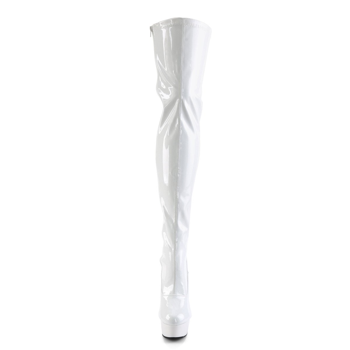 Pleaser Delight-3063 W/M - Lesklé bílé kozačky nad kolena na platformě s vysokými podpatky