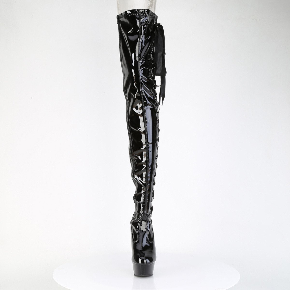 Pleaser Delight-4050 B/M - Lesklé černé kozačky nad kolena na platformě s vysokými podpatky