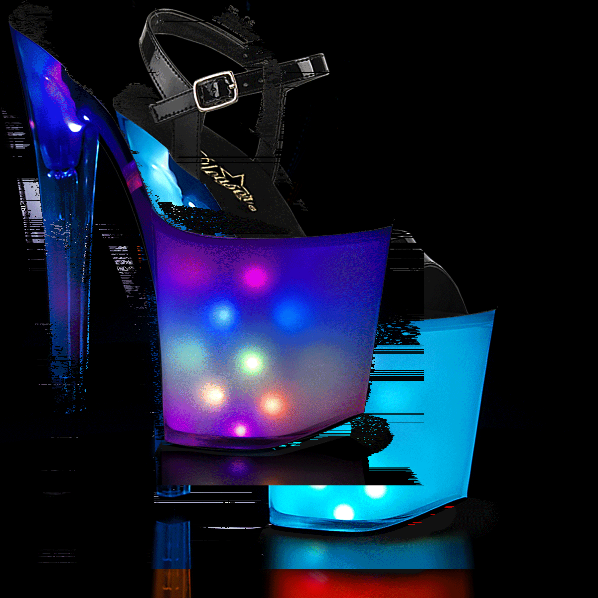 Pleaser Discolite-809 B/WGLOW - Lesklé černé svítící sandály na vysoké platformě