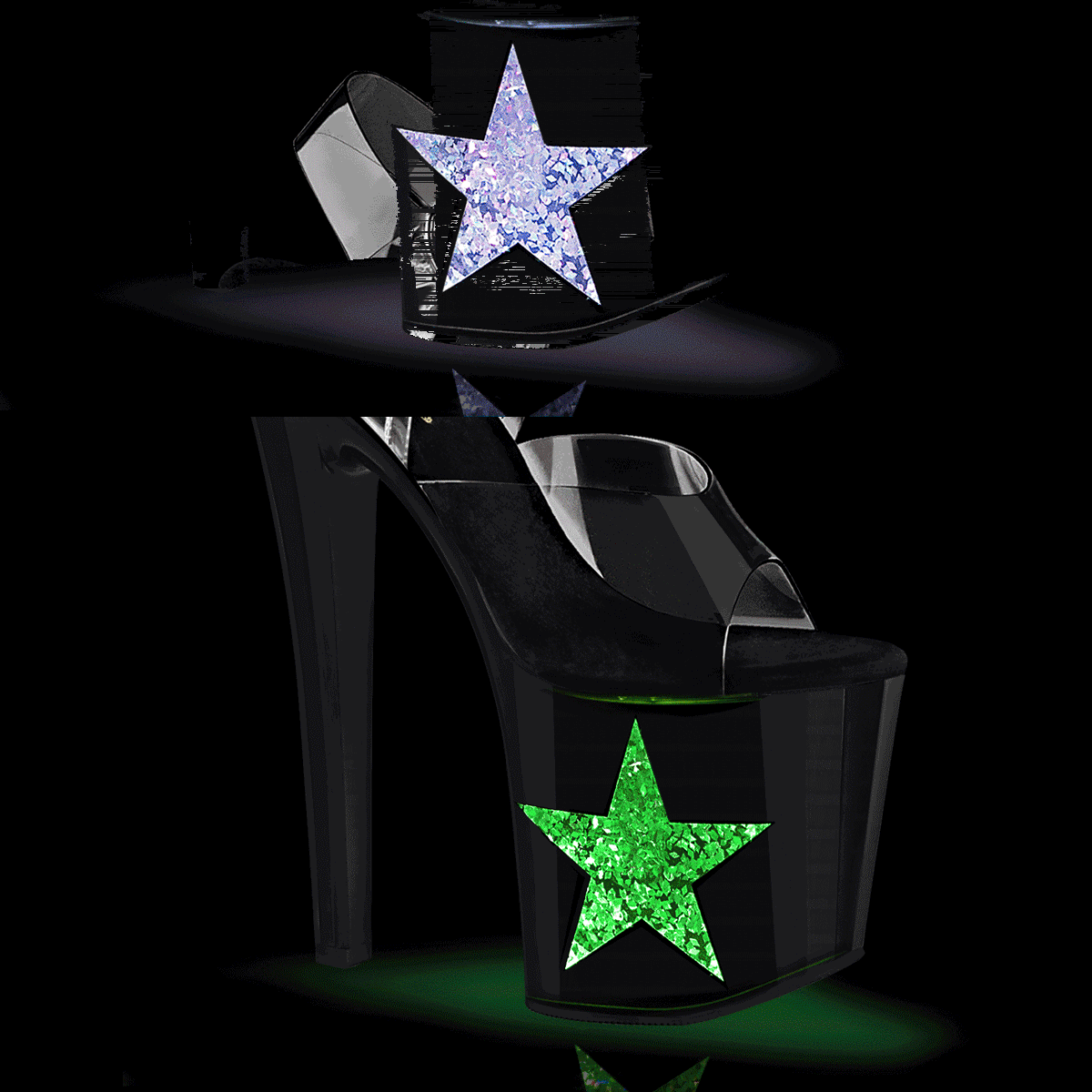Pleaser Enchant-708LT-STAR C/B-SG - Průhledné svítící sandály na vysoké platformě