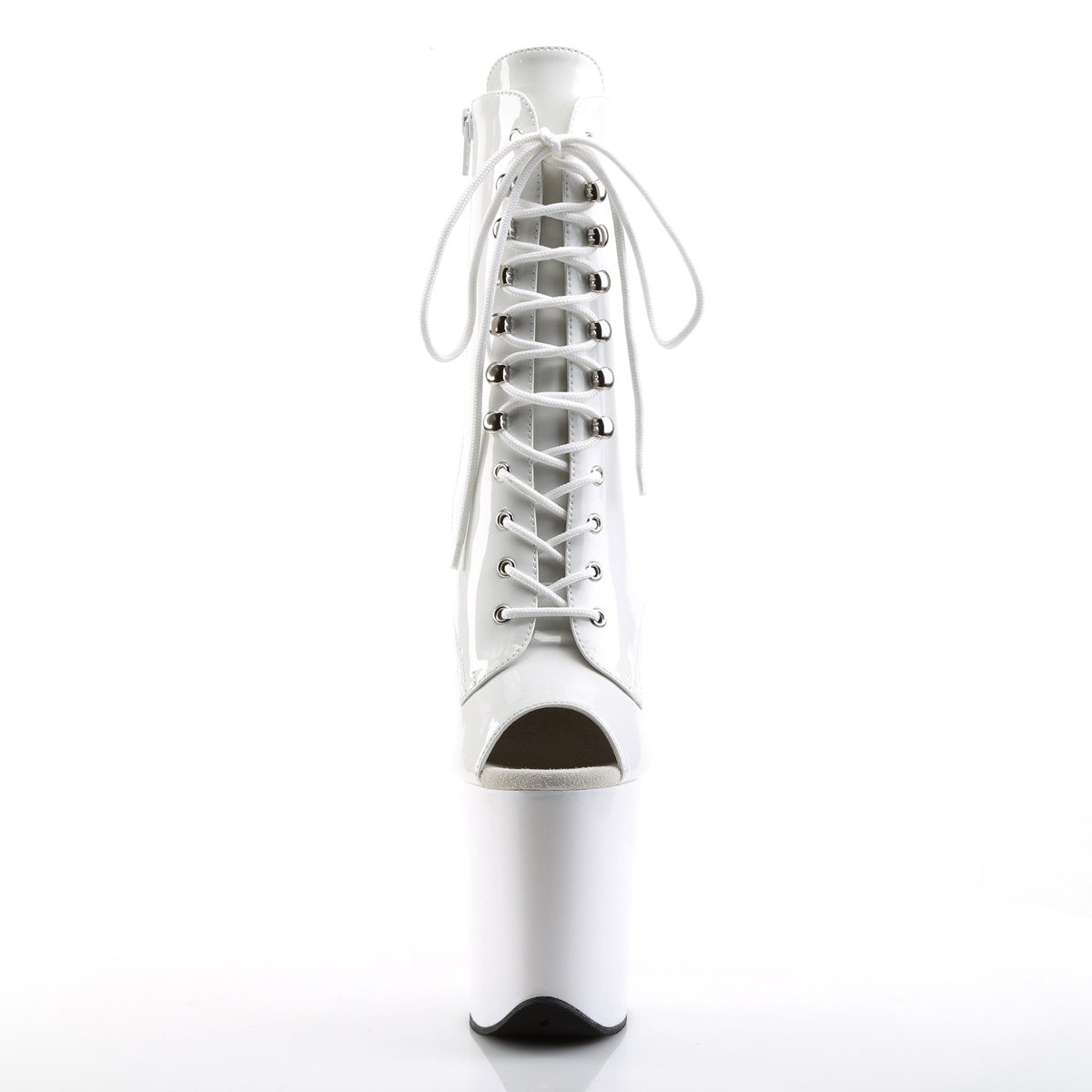 Pleaser Flamingo-1021 W/M - Lesklé bílé kotníkové kozačky na vysoké platformě