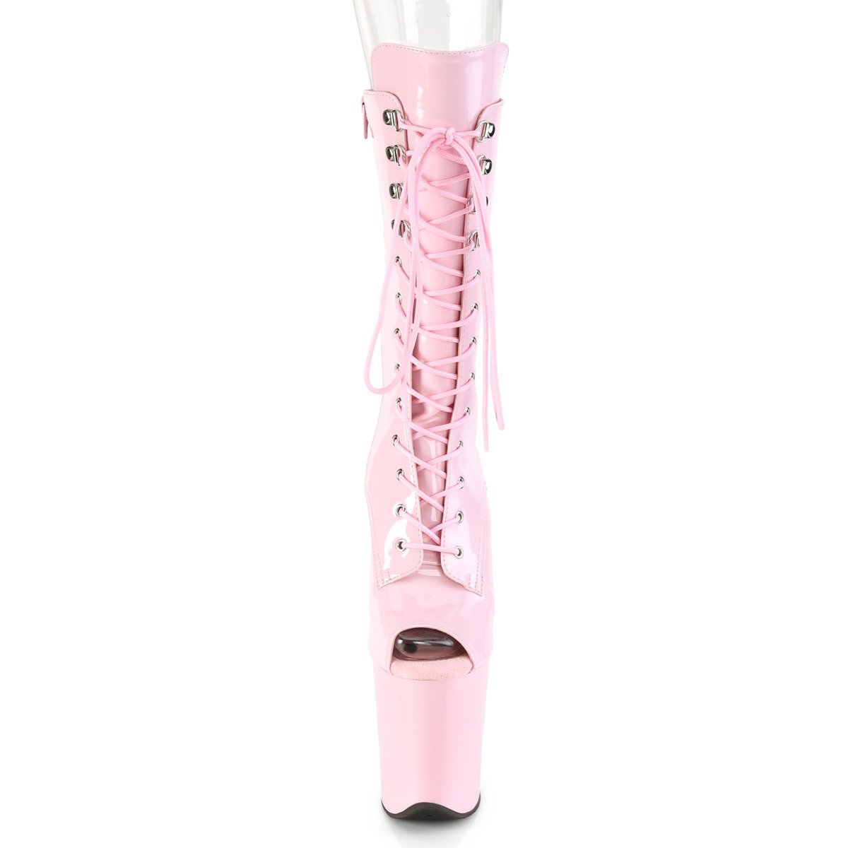 Pleaser Flamingo-1051 BP/M - Lesklé růžové kozačky s otevřenou špičkou na vysoké platformě