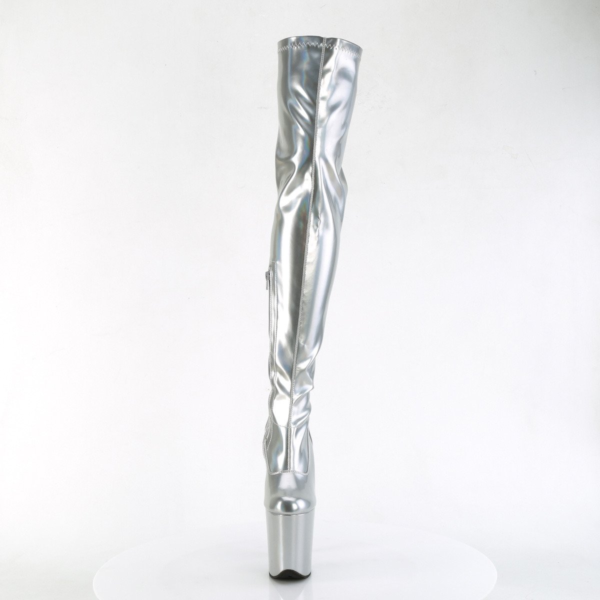 Pleaser Flamingo-3000HWR SHG/M - Lesklé stříbrné kozačky na vysoké platformě