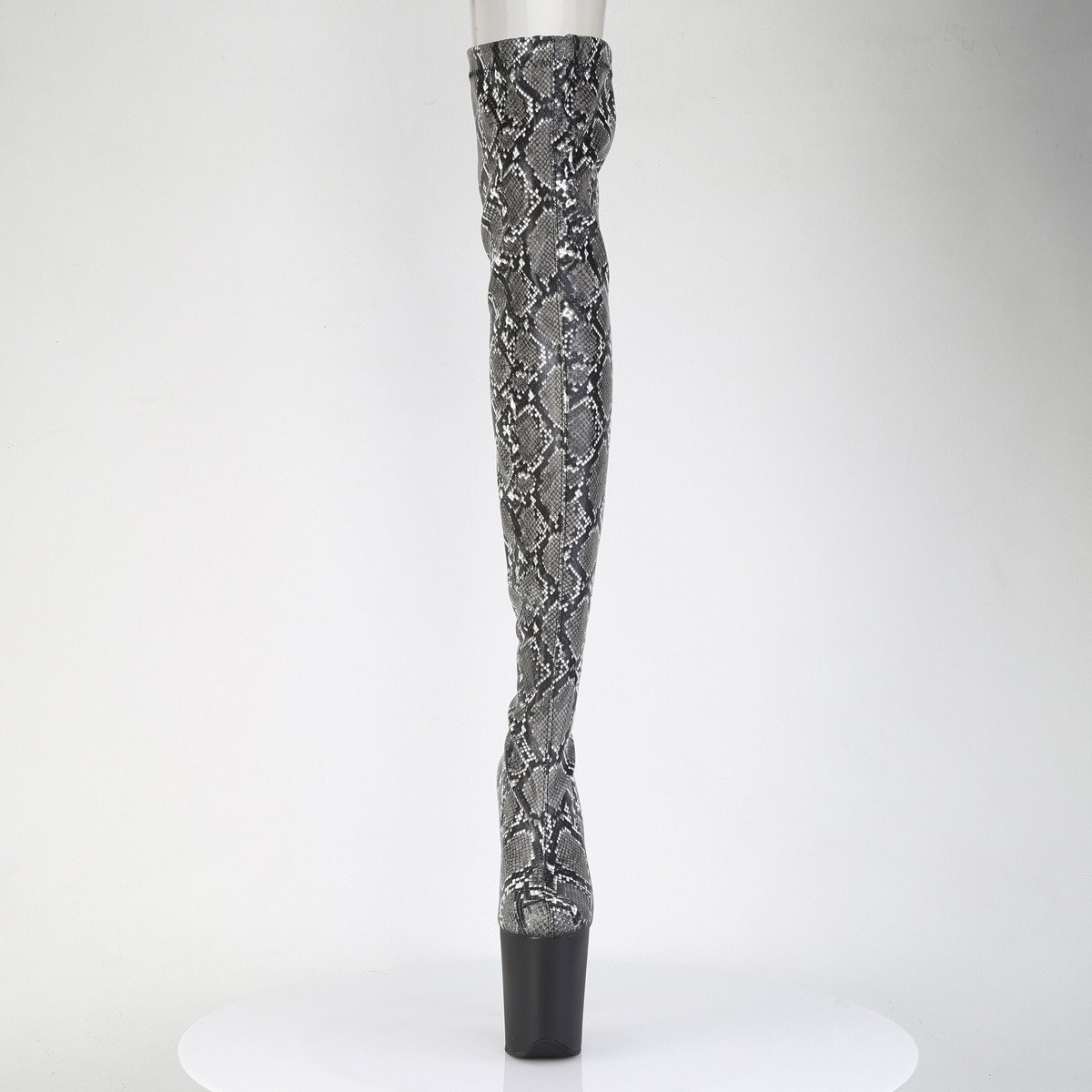 Pleaser Flamingo-3008SP-BT GY-B/B - Šedé kozačky nad kolena na vysoké platformě