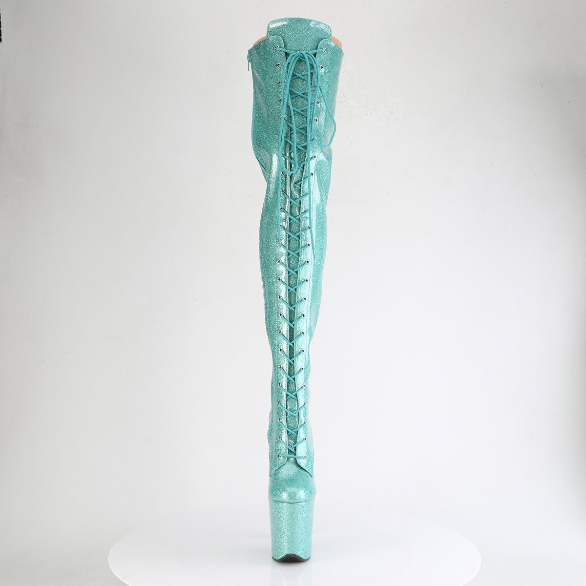 Pleaser Flamingo-3020GP AQG/M - Lesklé tyrkysové kozačky nad kolena na vysoké platformě