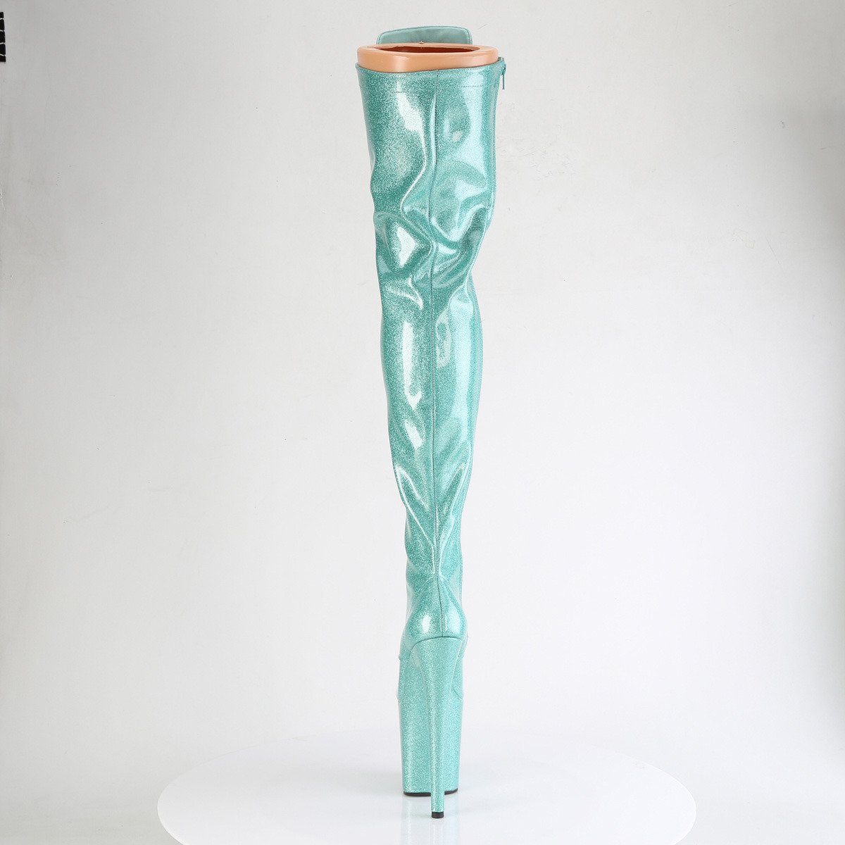 Pleaser Flamingo-3020GP AQG/M - Lesklé tyrkysové kozačky nad kolena na vysoké platformě