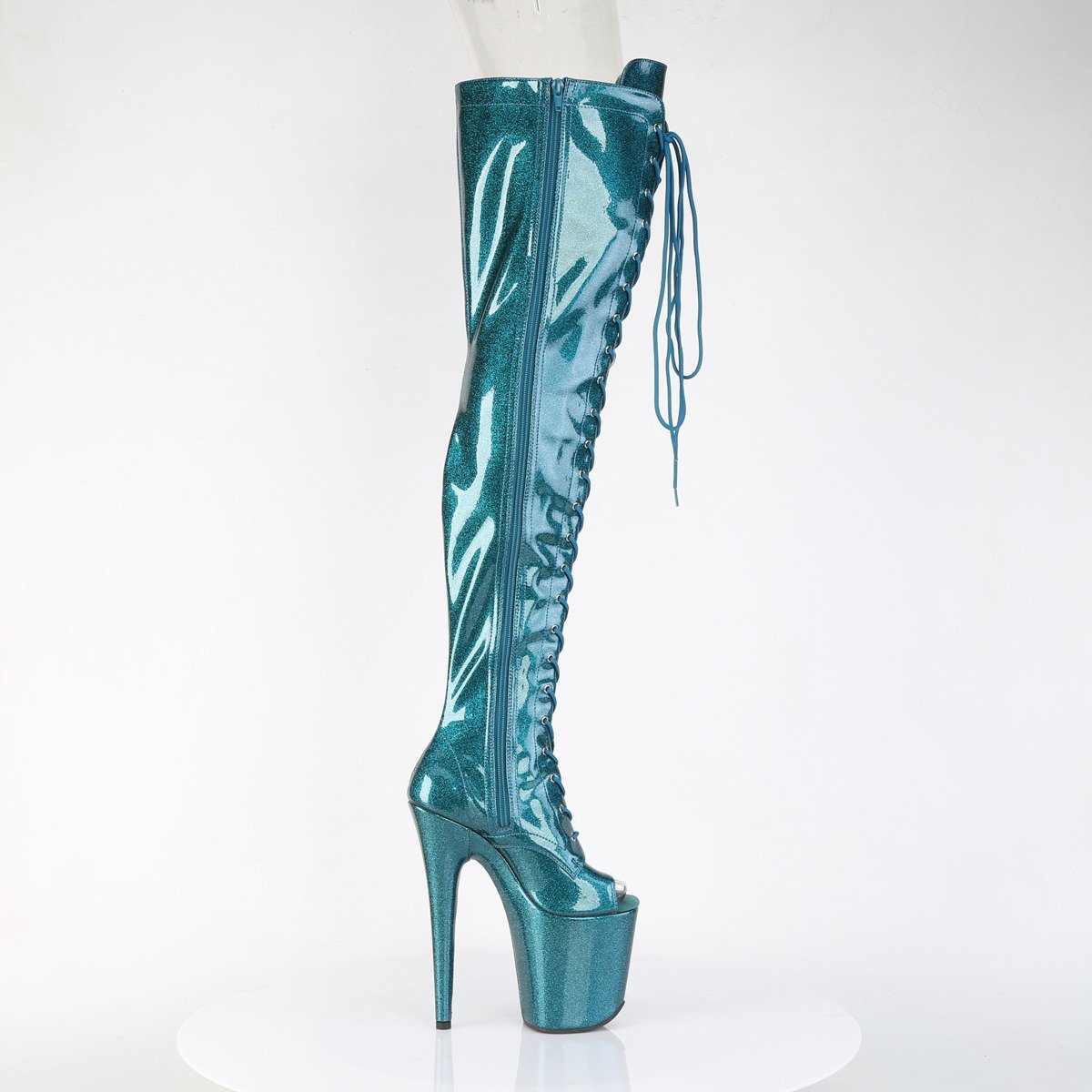 Pleaser Flamingo-3021GP TLG/M - Lesklé béžové kozačky s otevřenou špičkou na vysoké platformě