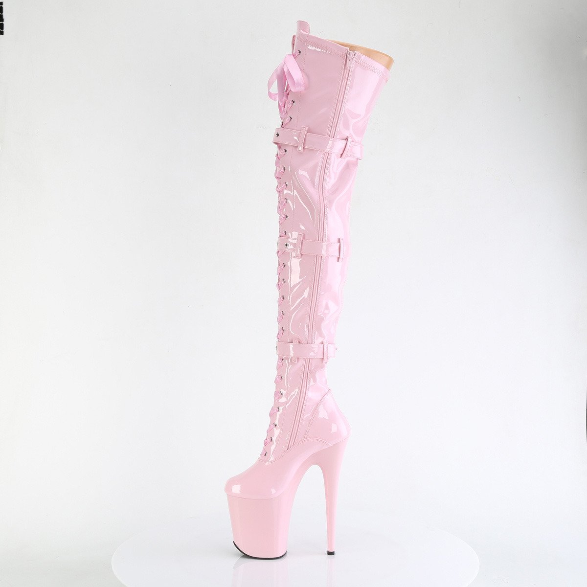 Pleaser Flamingo-3028 BP/M - Lesklé růžové kozačky nad kolena na vysoké platformě