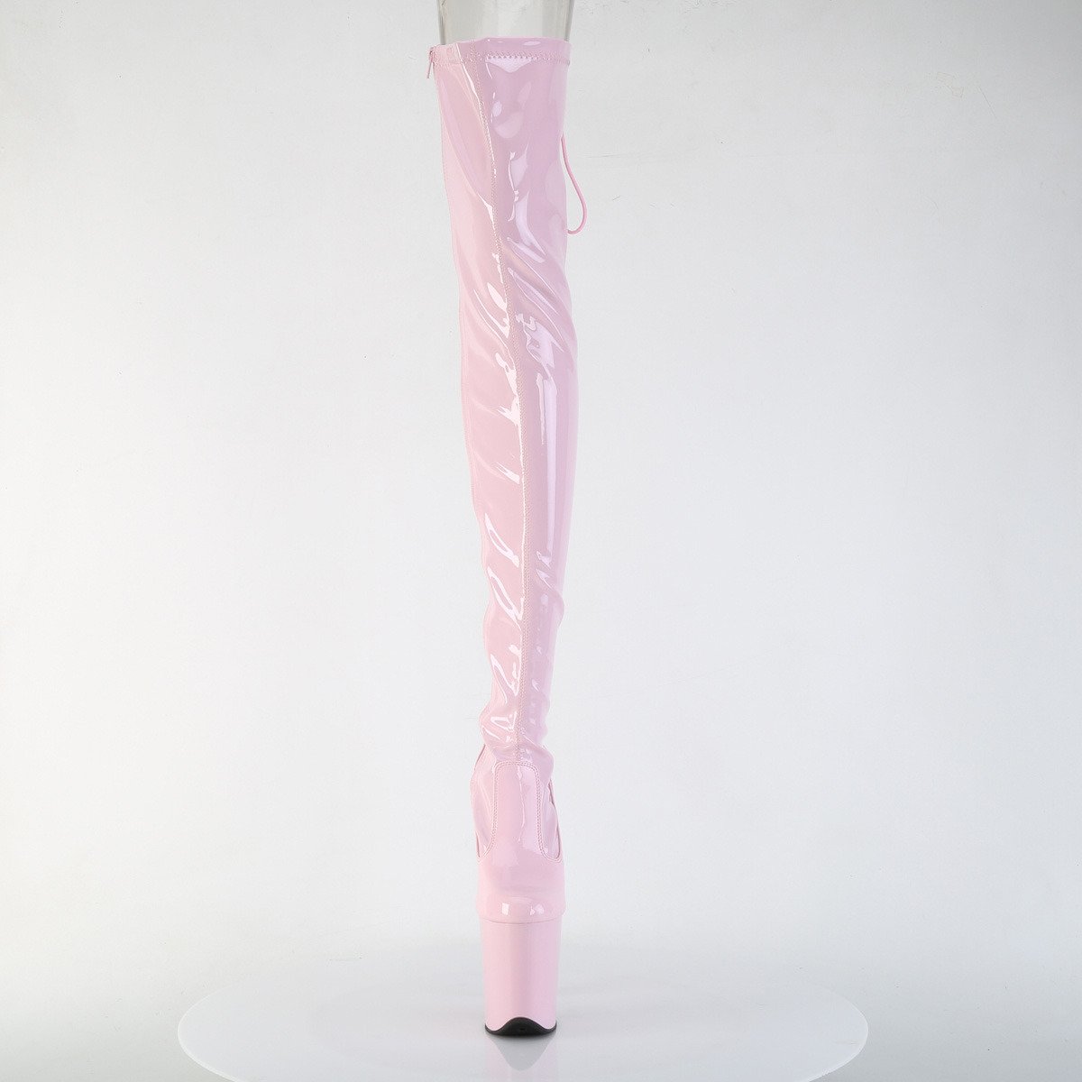 Pleaser Flamingo-3850 BP/M - Lesklé růžové kozačky nad kolena na vysoké platformě