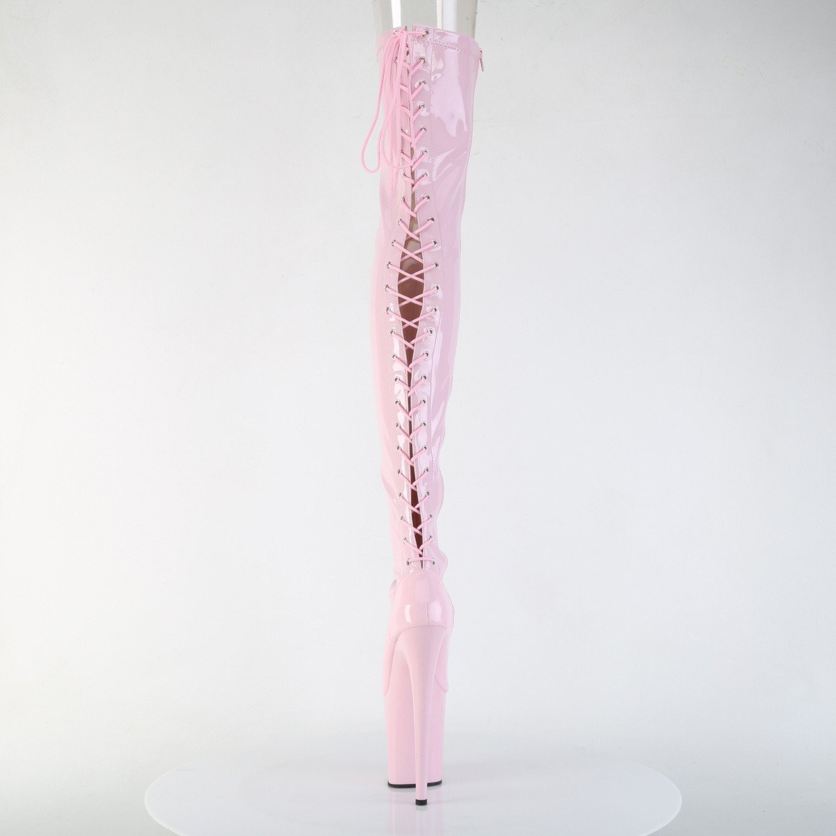 Pleaser Flamingo-3850 BP/M - Lesklé růžové kozačky nad kolena na vysoké platformě