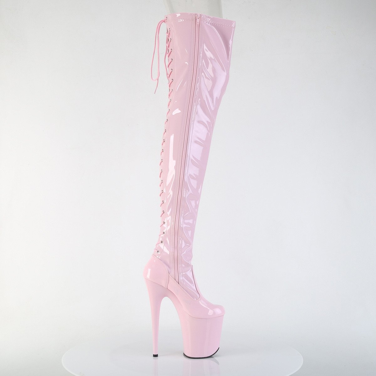 Pleaser Flamingo-3850 BP/M - Lesklé růžové kozačky nad kolena na vysoké platformě
