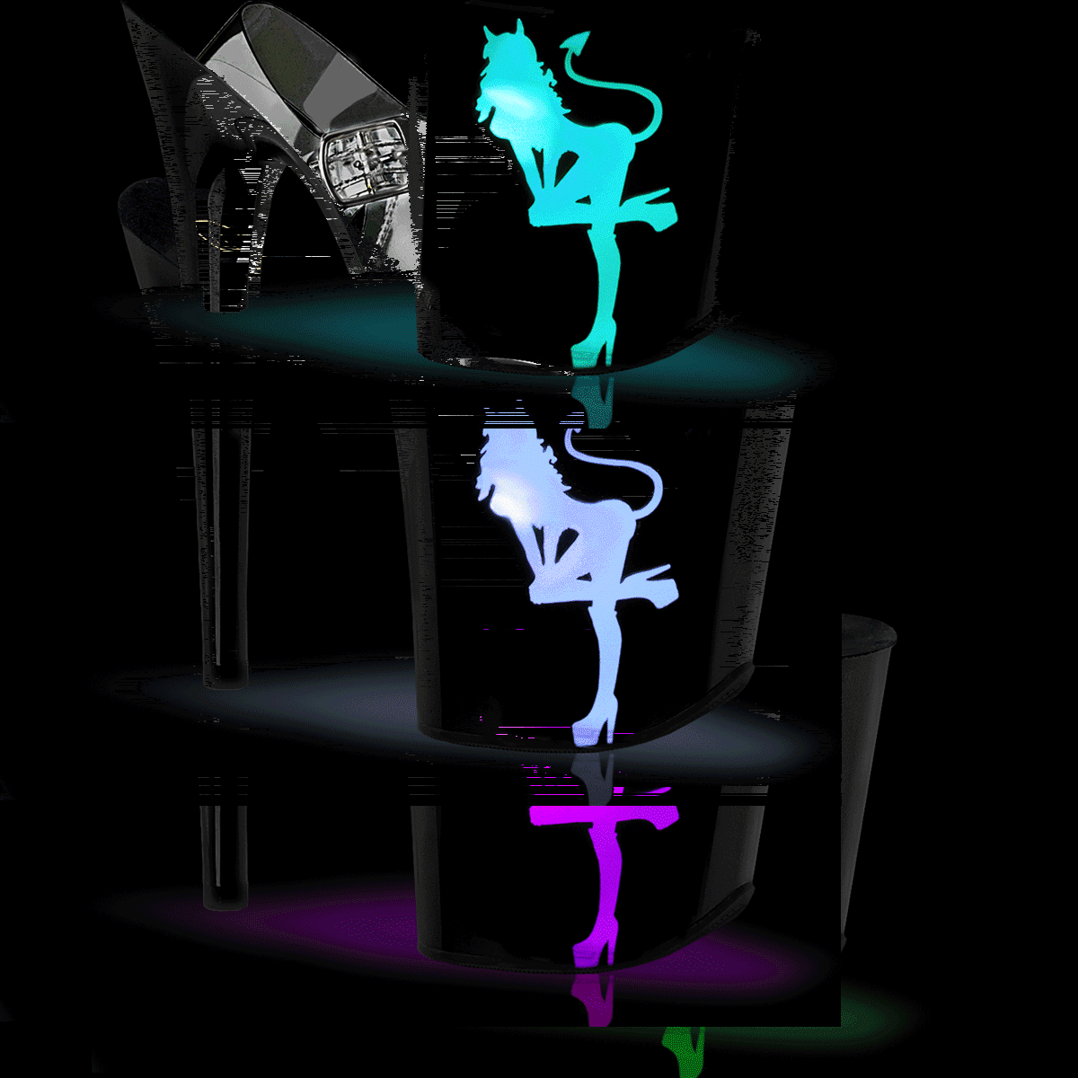 Pleaser Flamingo-808NLDG C/B-MC - Průhledné svítící sandály na vysoké platformě