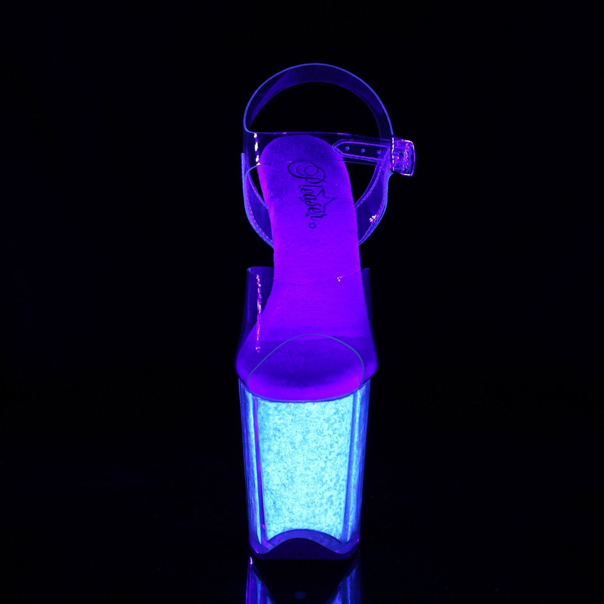 Pleaser Flamingo-808UVG C/NOPG - Průhledné uv reaktivní sandály na vysoké platformě