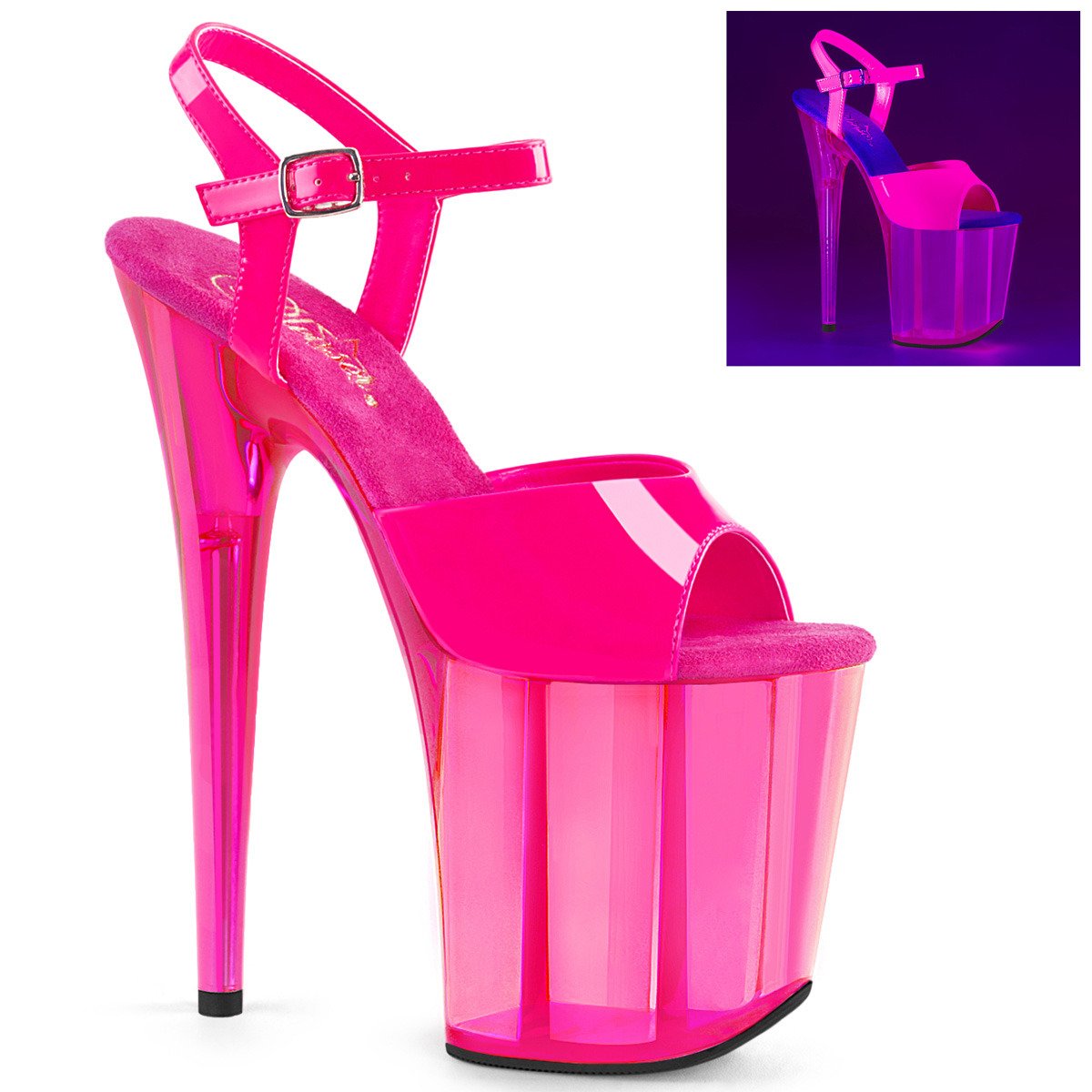 Pleaser Flamingo-809UVT NHP/M - Lesklé růžové uv reaktivní sandály na vysoké platformě